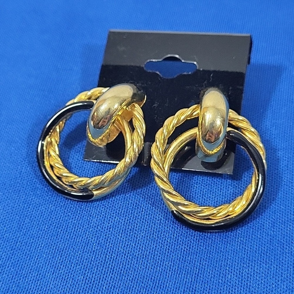 Vintage 80s Earrings Twisted Locked Faux Gold Double Hoops Chunky Pierced Post